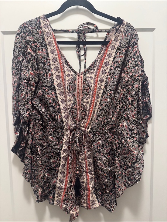 Angie Pants - Angie Black Paisley Small V-Neck Romper with Cream & Red Trim and Cinched Waist